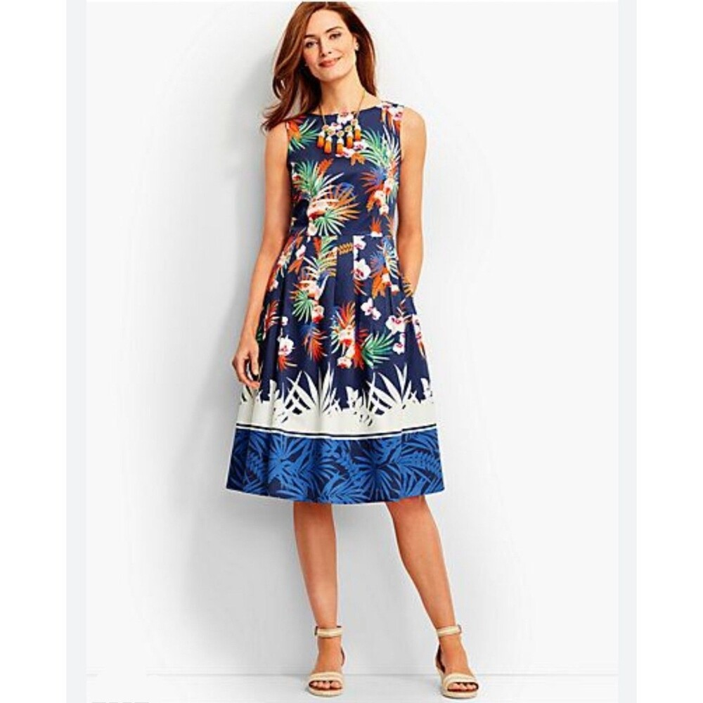 Talbots Blue Floral Sleeveless Knee Length Cocktail Dress W/Pockets Size 2P